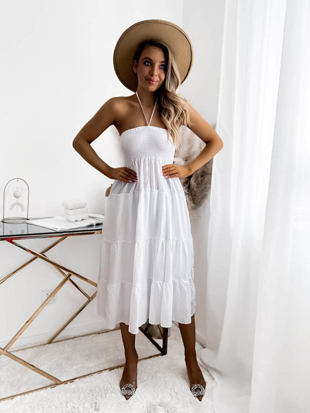 Rochie midi de damă în alb PLUS SIZE - Îmbrăcăminte