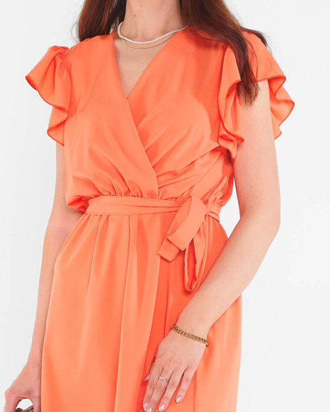 Rochie mini de dama portocalie cu cravata - Imbracaminte