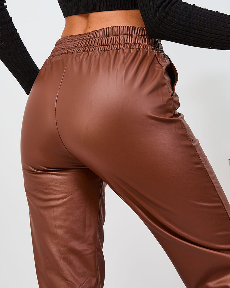 Royalfashion Pantaloni de damă din piele ecologică, călduroși, de culoare camel