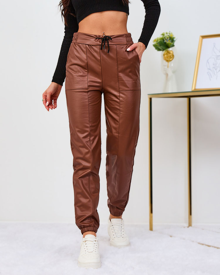 Royalfashion Pantaloni de damă din piele ecologică, călduroși, de culoare camel