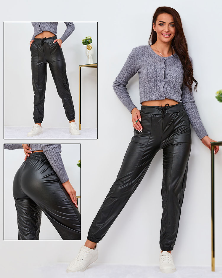 Royalfashion Pantaloni de damă din piele ecologică căptușită cu fleece, negri