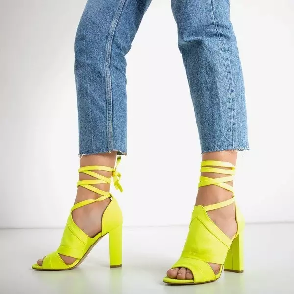 Sandale cu toc înalt, galben neon, cu coadă Lanaline - Încălțăminte