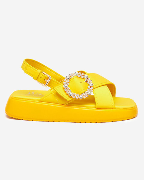 Sandale de damă din țesătură galbenă pe talpă plată cu zirconii cubi Senire - Încălțăminte