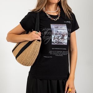 Tricou pentru femei din bumbac negru cu imprimeu și inscripții - Îmbrăcăminte