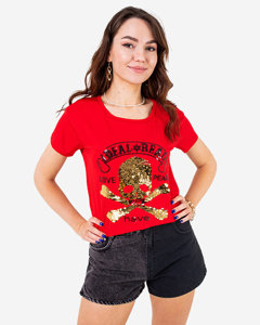 Tricou roșu de damă cu paiete și inscripții - Îmbrăcăminte